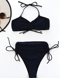 Fashion Black Solid Color Halterneck Lace Drawstring Split Swimsuit