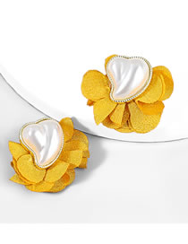 Fashion Yellow Alloy Fabric Imitation Pearl Flower Stud Earrings