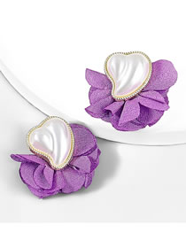 Fashion Purple Alloy Fabric Imitation Pearl Flower Stud Earrings