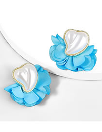Fashion Blue Alloy Fabric Imitation Pearl Flower Stud Earrings