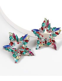 Fashion Green Color Alloy Diamond Star Stud Earrings