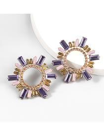 Fashion Pink Purple Alloy Diamond Geometric Sunflower Stud Earrings