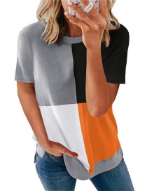Fashion Orange Colorblock Round Neck Short Sleeve Top