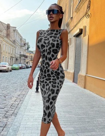 Fashion Light Grey Leopard Print Sleeveless Dress