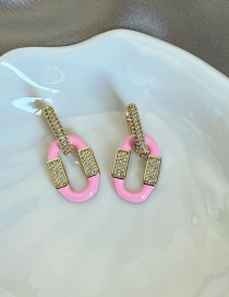 Fashion Pink Bronze Zirconium Drop Oil Geometric Oval Stud Earrings