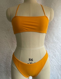 Fashion Apricot Yellow Solid Color Halter Nylon Split Swimsuit