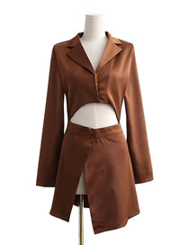 Fashion Brown Lapel Cropped Shirt Irregular Slit Skirt Set