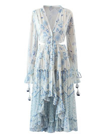 Fashion Blue+white Printed V-neck Irregular Hem Dress