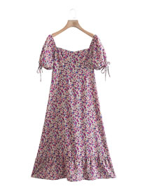 Fashion Purple Flower Printed Square Neck Dress