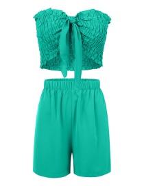 Fashion Lake Blue Two-piece Wrap Chest Pleated Top And Shorts