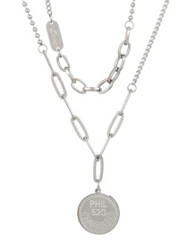 Fashion Silver Titanium Steel Double Paneled Disc Number Double Layer Necklace