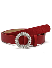 Fashion Red Pu Diamond Round Buckle Wide Belt