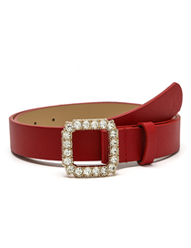 Fashion Red Diamond-studded Square Buckle Pu Wide Belt