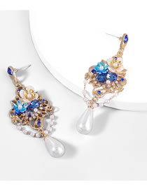 Fashion Blue Alloy Diamond Pearl Tassel Drop Earrings