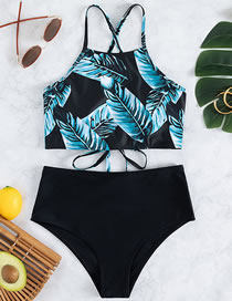 Fashion Ice Blue Printed Lace-up Top High Waist Split Swimsuit