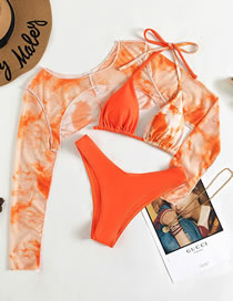 Fashion Orange Halter Tie Smudge Blouse Split Swimsuit Three-piece Set