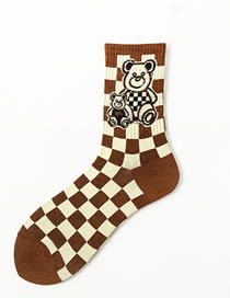 Fashion Coffee Cotton Check Bear Embroidery Socks