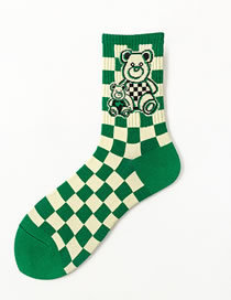 Fashion Green Cotton Check Bear Embroidery Socks