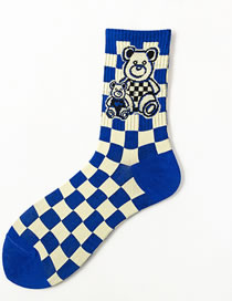 Fashion Blue Cotton Check Bear Embroidery Socks