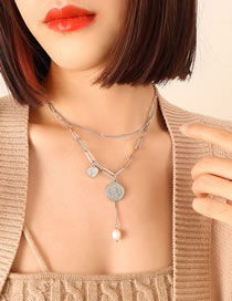 Fashion Steel Color Titanium Steel Gold Plated Figure Medal Double Layer Necklace