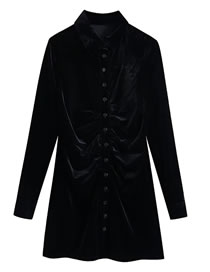 Fashion Black Velvet Pleated Shirt Dress
