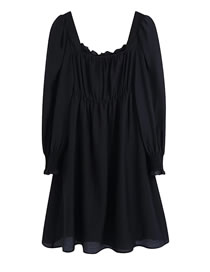 Fashion Black Woven Pleated Lapel Dress