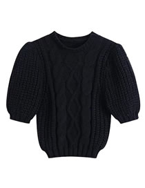 Fashion Black Geometric Knit Puff Sleeve Sweater
