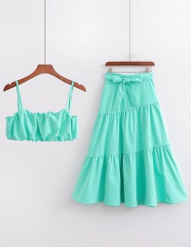 Fashion Green Pleated Sling Tie Swing Skirt Set