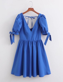 Fashion Blue Balloon Sleeve V-neck Dress