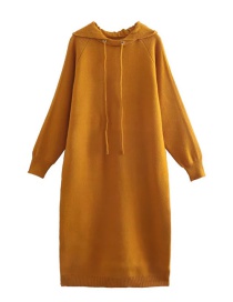 Fashion Yellow Solid Hooded Corespun Pullover Sweater Dress