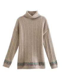 Fashion Oatmeal Pit Bar Jacquard Turtleneck Pullover Sweater