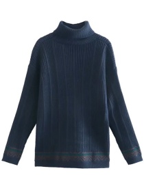 Fashion Navy Blue Pit Bar Jacquard Turtleneck Pullover Sweater