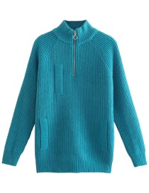 Fashion Sky Blue Knit Zipper Stand-up Collar Sweater
