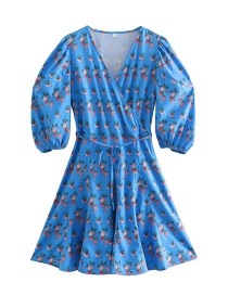 Fashion Blue V-neck Short-sleeved Printed Dress