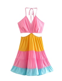 Fashion Color Halter Tie Cutout Colorblock Dress