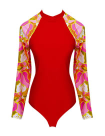 Fashion Red Printed Long-sleeve Swimsuit