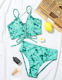Fashion Green Ink Print Chest Tie Split Swimsuit