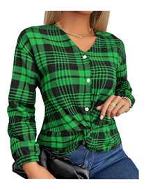 Fashion Green V-neck Check-breasted Knot Top