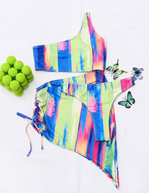 Fashion Color Nylon Print Drawstring Split Swimsuit Three Piece Set