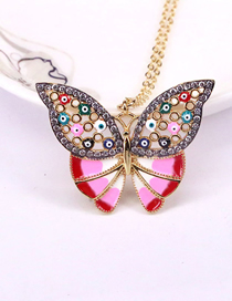 Fashion Red Brass And Diamond Gold Plated Oil Drop Butterfly Necklace