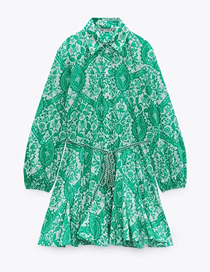 Fashion Green Printed Lapel Puff Sleeve Dress