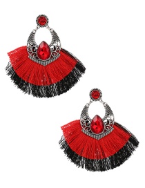 Fashion Red Alloy Diamond Pattern Colorblock Tassel Stud Earrings