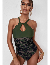 Fashion Green Nylon Hollow Printing Hanging Neck Coated Swimsuit