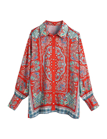 Fashion Red Geometric Print Woven Printing Row Buckle Lapel Shirt