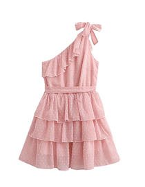 Fashion Pink Chiffon Slant-shoulder Polka-dot Tiered Dress