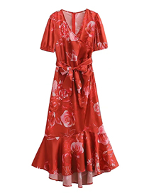 Fashion Red Satin Print V-neck Tie Irregular Hem Dress