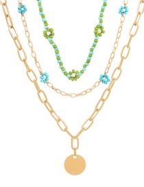 Fashion Green Alloy Disc Pendant Rice Bead Flower Multilayer Necklace