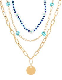Fashion Blue Alloy Disc Pendant Rice Bead Flower Multilayer Necklace
