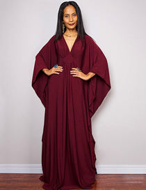 Fashion Maroon Blend V-neck Doll Sleeve Swimsuit Cover-up
