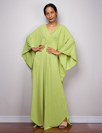 Fashion Yellow-green Blend V-neck Doll Sleeve Swimsuit Cover-up